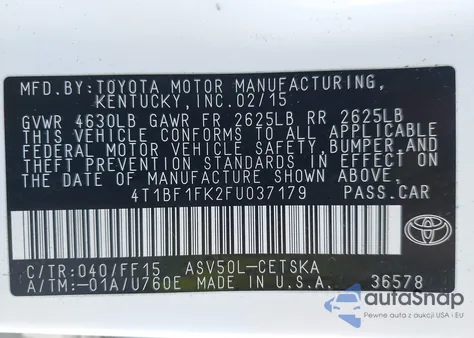 2015 Toyota Camry Se из США, поврежденный, VIN 4T1BF1FK2FU037179